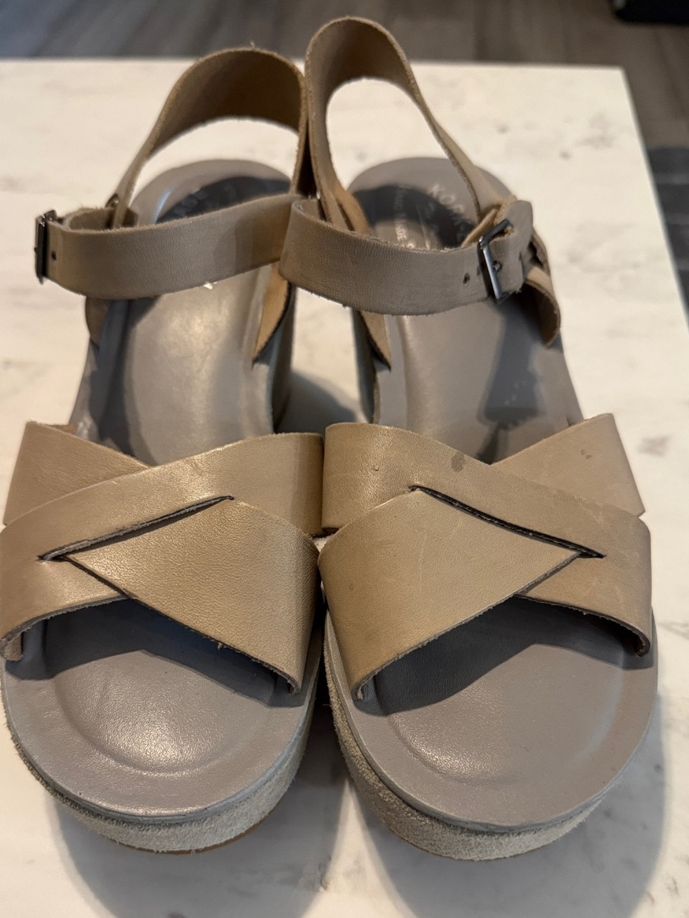 Kork-Ease Taupe Crisscross Ankle-Strap Platform Sandals